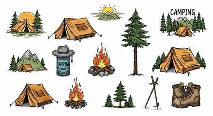 Playful hand-drawn camping and nature icons. Sketchy drawings of tents, pine trees, campfires, and hiking boots. Loose ink style with rustic charm