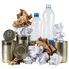 Mixed Recycling Materials Metal Cans Paper and Plastic Bottles Transparent Background


