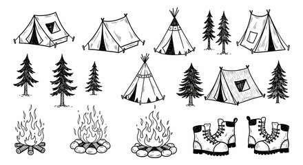 Playful hand-drawn camping and nature icons. Sketchy drawings of tents, pine trees, campfires, and hiking boots. Loose ink style with rustic charm