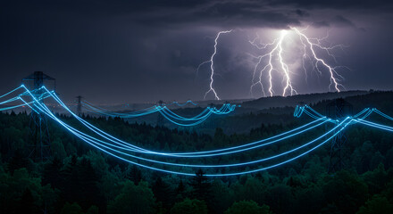 Lightning storm illuminates power lines arching over a dark, forested landscape.