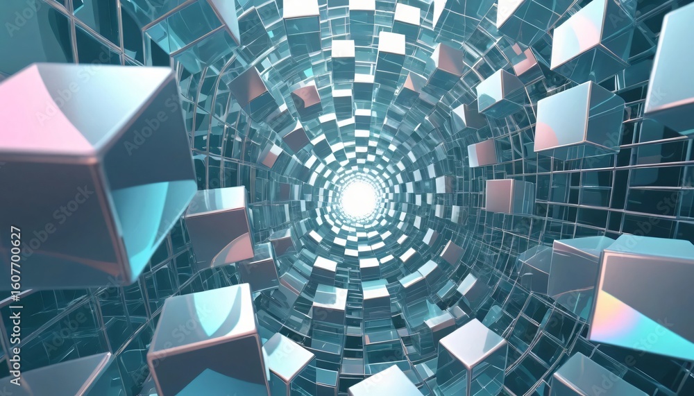 Poster modern technology abstract tunnel with vibrant neon lights and floating cubes for dynamic presentati