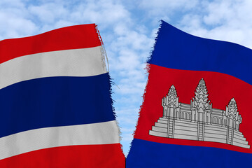 Two national flags, Ripped flags Thailand and Cambodia, conflict, fractured relations, political...
