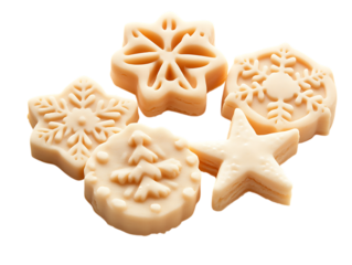 A cluster of five decorative orange wax melts in festive shapes isolated on transparent background