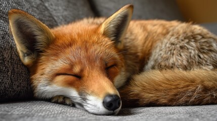 Obraz premium Peaceful Fox Sleeping on Sofa with Fluffy Tail in Cozy Setting