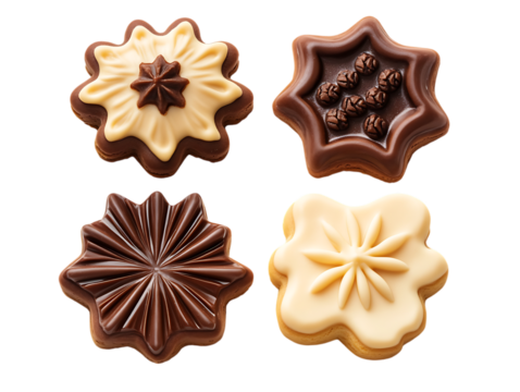 Four decorative star shaped cookies with intricate designs isolated on transparent background