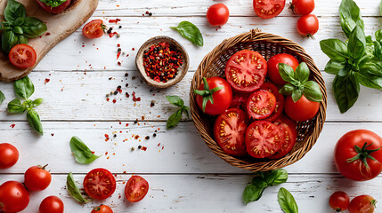 Ripe red tomatoes and fresh green basil leaves arranged on a rustic white wooden surface with scattered spices