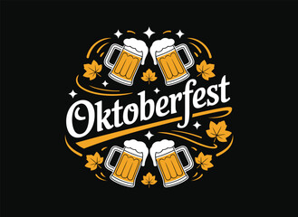 Oktoberfest Beer Celebration Poster with Mugs and Autumn Leaves