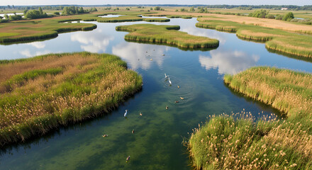 Aerial view of a vast wetland landscape with winding waterways and numerous reed-covered islands under a clear sky, featuring swimmers in the water.