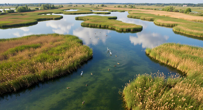 Aerial view of a vast wetland landscape with winding waterways and numerous reed-covered islands under a clear sky, featuring swimmers in the water.
