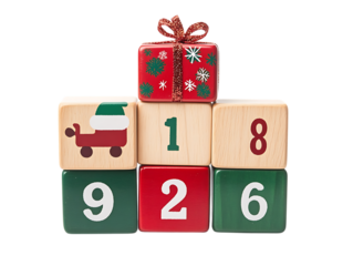 Christmas advent calendar blocks stacked with a gift on top isolated on transparent background