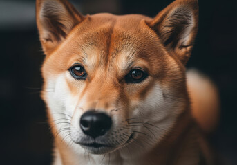 Close up portrait of a beautiful shiba inu dog with alert eyes and a dark background