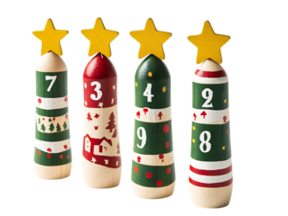 Four decorative christmas advent candles with numbers and stars isolated on transparent background