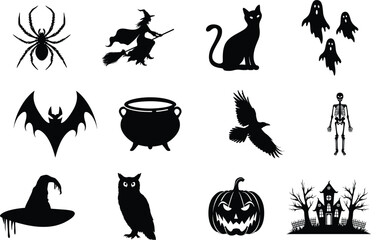 set of halloween element silhouette collection. Black and white vector editable file. pumpkin, ghost, cat, cauldron, horror house, female witch ride, owl, raven bird, skeleton, spider, witch hat