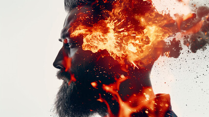 Silhouette of bearded man with fiery explosion inside head