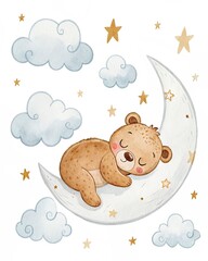 Seamless pattern with cute teddy bear sleeps on a white moon, clouds, stars