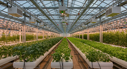 Rows of healthy green plants growing in a modern hydroponic greenhouse under artificial lights.