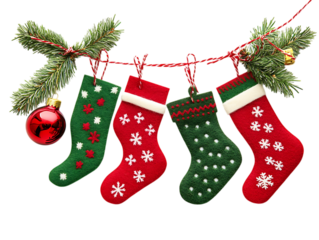 Four festive christmas stockings hang on a garland with a red ornament isolated on transparent background