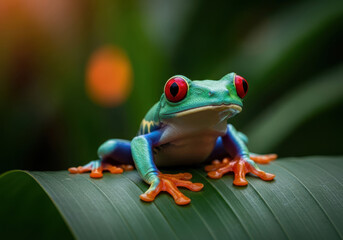 Obraz premium Vibrant red eyed tree frog perched on a lush green leaf in tropical rainforest
