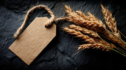 Rustic kraft tag with dried wheat stalks on dark textured surface kraft paper tag jute twine