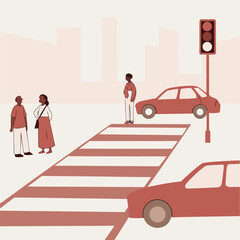 Pedestrians waiting at a crosswalk with traffic lights in cityscape  