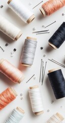 Spools of yarn and needles arranged artfully on a clean white surface, overhead view