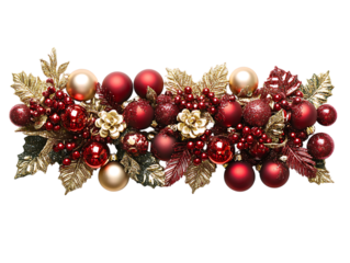 Festive christmas garland with red baubles and golden leaves isolated on transparent background