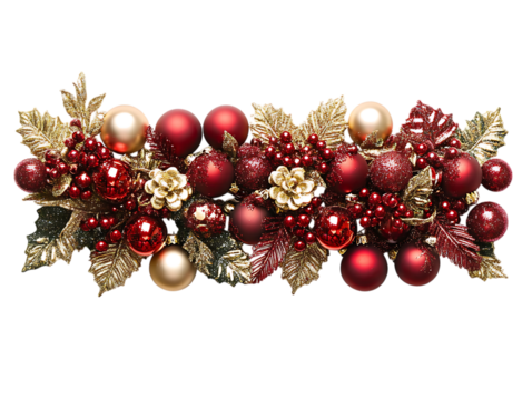 Festive christmas garland with red baubles and golden leaves isolated on transparent background
