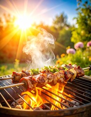 Juicy lamb kebab sizzles over hot coals, glistening with marinade. Smoke rises in golden sunlight, filling the air with a rich, savory aroma of fire-grilled perfection.