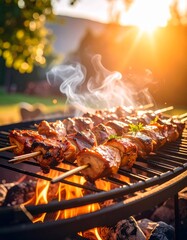 Juicy lamb kebab sizzles over hot coals, glistening with marinade. Smoke rises in golden sunlight, filling the air with a rich, savory aroma of fire-grilled perfection.