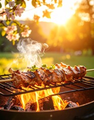 Juicy lamb kebab sizzles over hot coals, glistening with marinade. Smoke rises in golden sunlight, filling the air with a rich, savory aroma of fire-grilled perfection.