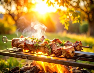 Juicy lamb kebab sizzles over hot coals, glistening with marinade. Smoke rises in golden sunlight, filling the air with a rich, savory aroma of fire-grilled perfection.
