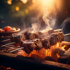 Juicy lamb kebab sizzles over hot coals, glistening with marinade. Smoke rises in golden sunlight, filling the air with a rich, savory aroma of fire-grilled perfection.