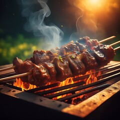 Juicy lamb kebab sizzles over hot coals, glistening with marinade. Smoke rises in golden sunlight, filling the air with a rich, savory aroma of fire-grilled perfection.