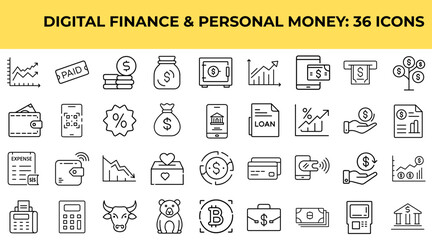 Digital finance and personal money set icons in vector style  