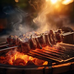 Juicy lamb kebab sizzles over hot coals, glistening with marinade. Smoke rises in golden sunlight, filling the air with a rich, savory aroma of fire-grilled perfection.