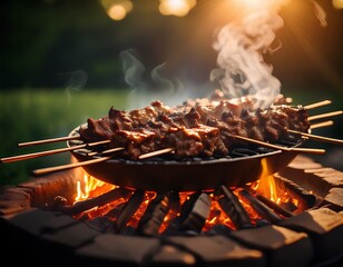 Juicy lamb kebab sizzles over hot coals, glistening with marinade. Smoke rises in golden sunlight, filling the air with a rich, savory aroma of fire-grilled perfection.