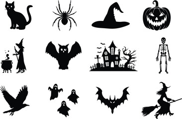 Fototapeta premium set of halloween element silhouette collection. Black and white vector editable file. pumpkin, ghost, cat, cauldron, horror house, female witch ride, owl, raven bird, skeleton, spider, witch hat