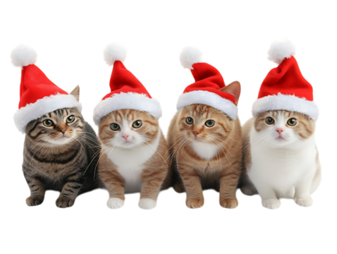 Four cute kittens wearing santa hats celebrating christmas isolated on transparent background