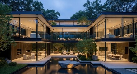 Fototapeta premium Modern luxury home with glass walls reflecting pool at dusk