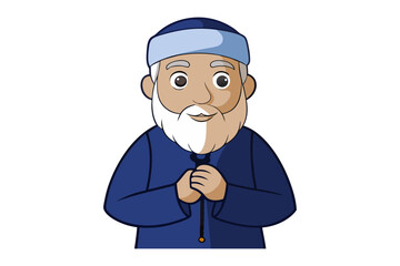 Charming cartoon illustration of a muslim man wearing a green thobe and kufi holding his finger up