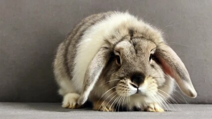 An adorable fluffy bunny with floppy ears, resting serenely on a soft surface, embodies the essence of domestic tranquility and cuteness.