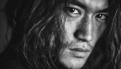 Fototapeta premium Moody Black and White Portrait of a Young Man – Dramatic Shadow Photography