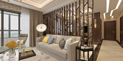 Modern Open-Concept Kitchen and Living Room Interior – 3D Render