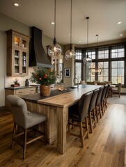 the image shows a large kitchen island with several stools in a brightly lit, modern kitchen