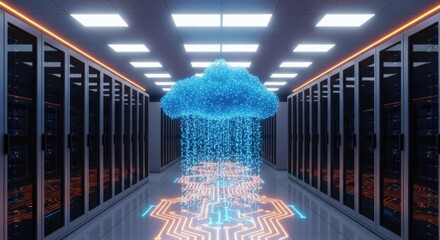 A glowing blue cloud symbolizes data processing in a modern server room