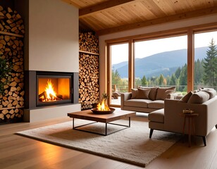 Cozy mountain cabin living room with fireplace and panoramic views