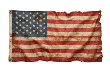 Worn US flag, tattered edges, white background, patriotic