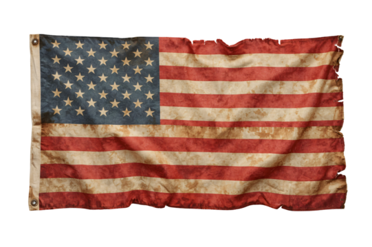 Worn US flag, tattered edges, white background, patriotic