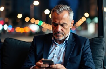 Man using smartphone in a modern indoor setting with blurred city lights in the background