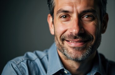 Fototapeta premium A smiling middle-aged man with dark hair and a beard wearing a blue shirt